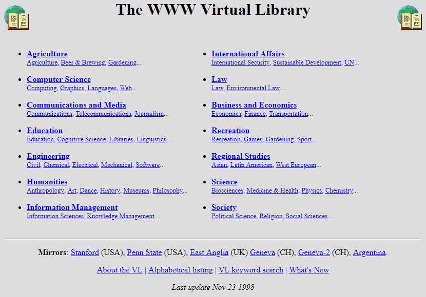 The creator of HTML and WWW, Tim Berners-Lee compiled the first index of websites called the WWW Virtual Library.